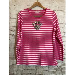 Quacker Factory Top Women Small Hot Pink Striped Sequin Paw Print Cotton Stretch